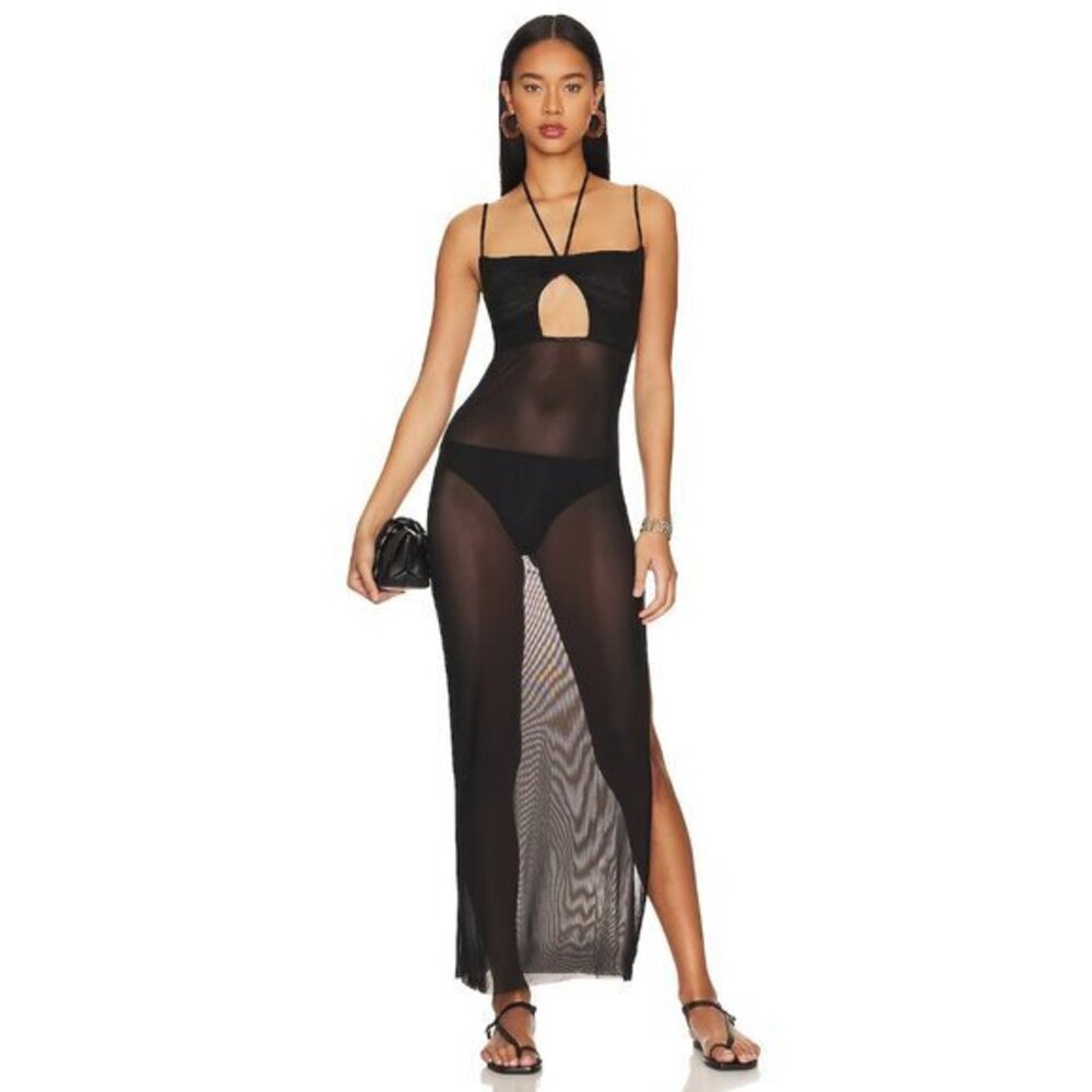 WE WORE WHAT Black Mesh See Through Maxi Dress Halter Neck SZ M NEW Retail $138